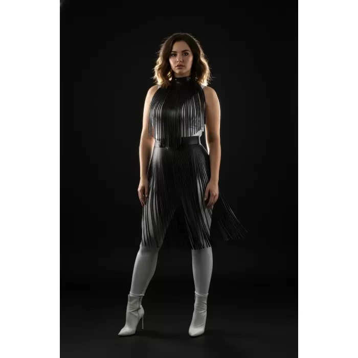 Büyük Beden Siyah Püskül Detaylı Deri Etek Uzun Kombin Parçası - APFT997