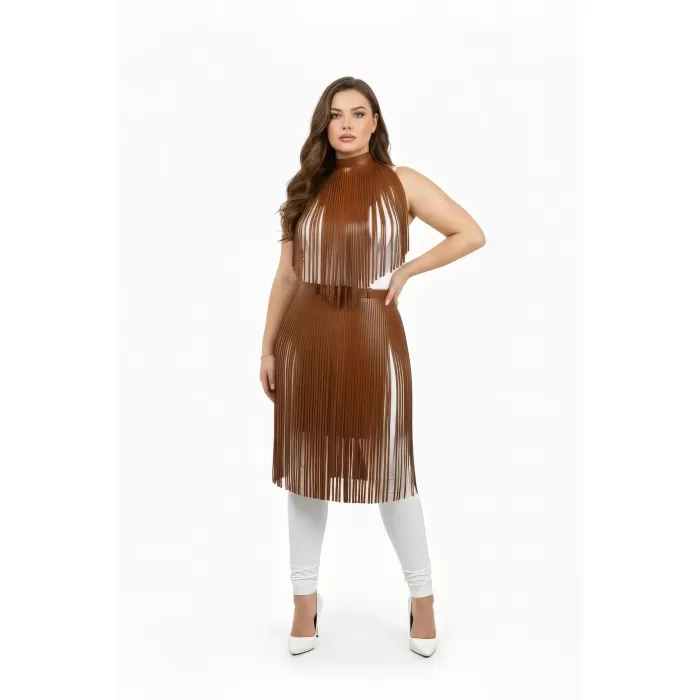 Büyük Beden Taba Püsküllü Deri Etek Kombin Tamamlayıcı Aksesuar - APFT997