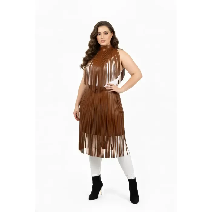 Büyük Beden Taba Püsküllü Deri Etek Kombin Tamamlayıcı Aksesuar - APFT997