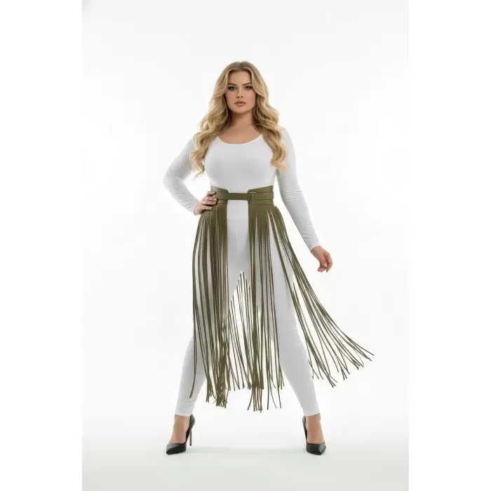 Büyük Beden Haki Deri Püskül Detaylı Yüksek Bel Etek - APFT1003