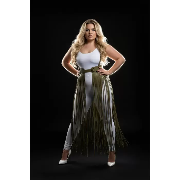 Büyük Beden Haki Deri Püskül Detaylı Yüksek Bel Etek - APFT1003