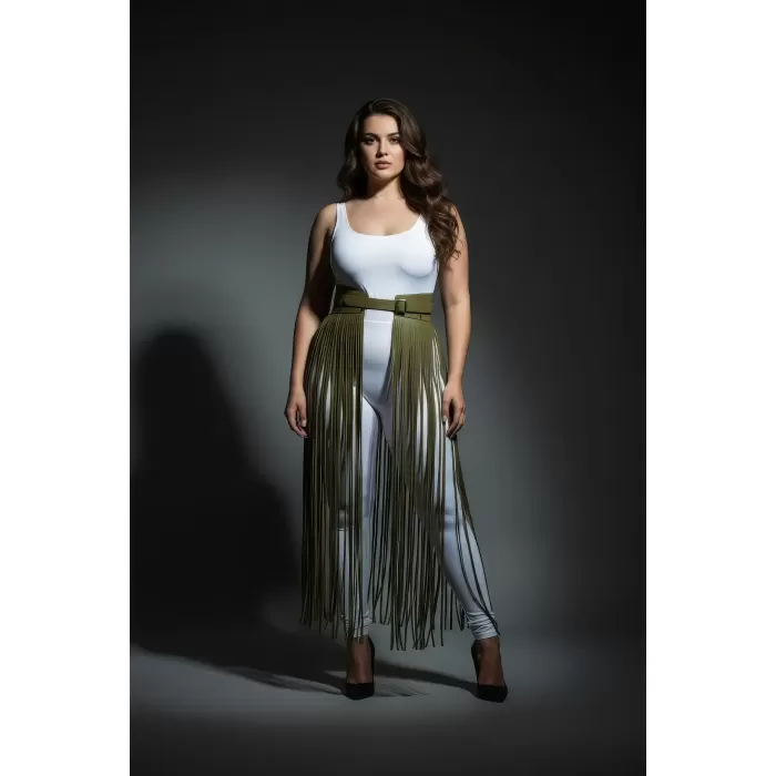 Büyük Beden Haki Deri Püskül Detaylı Yüksek Bel Etek - APFT1003