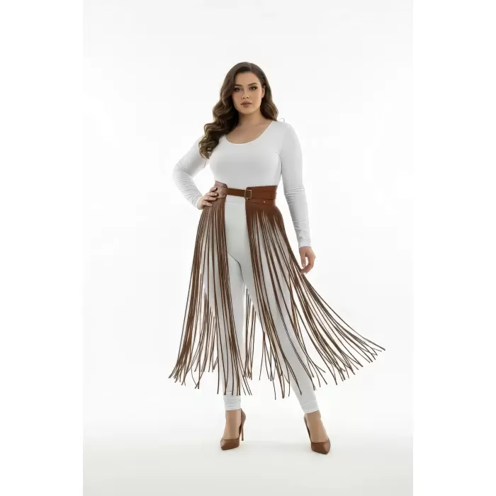 Büyük Beden Kahverengi Etek Uzun Püsküllü Deri Aksesuar - APFT1003
