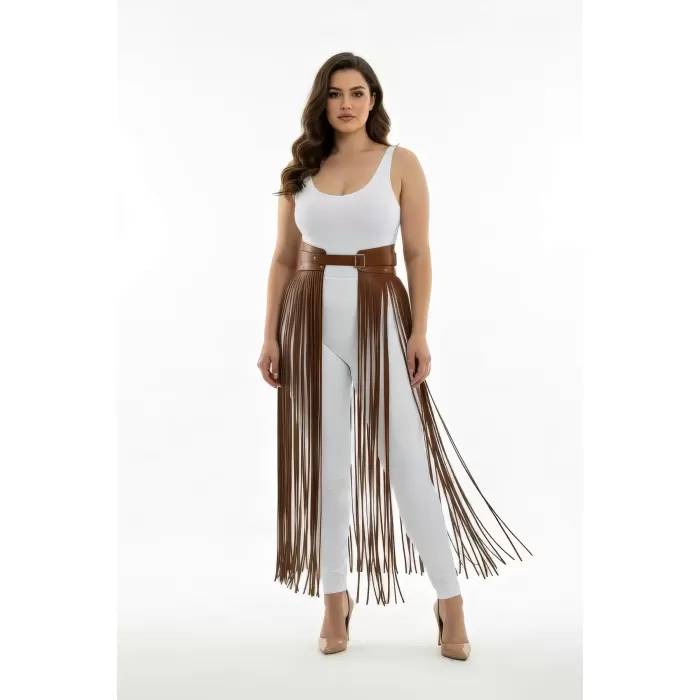 Büyük Beden Kahverengi Etek Uzun Püsküllü Deri Aksesuar - APFT1003