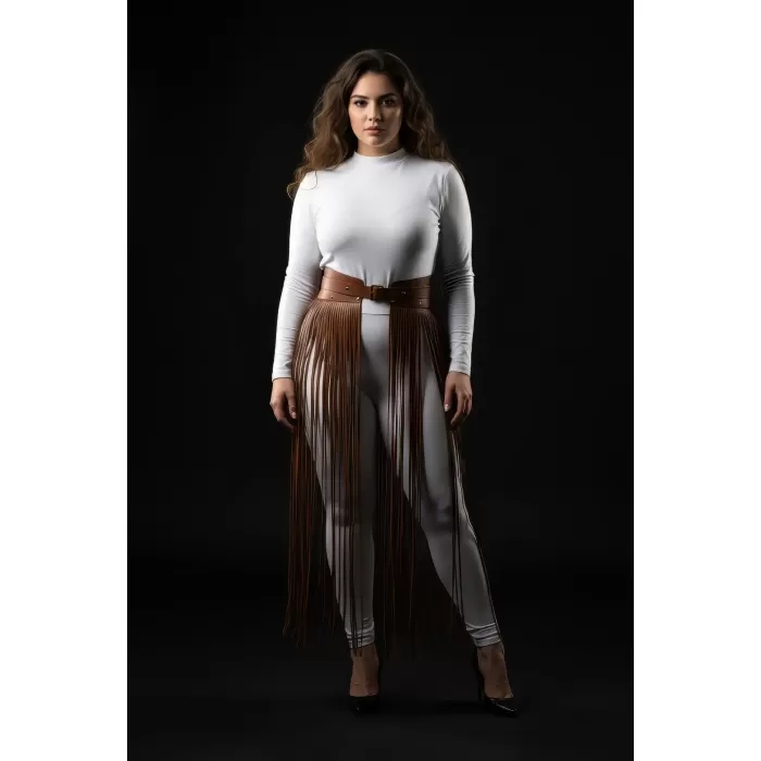 Büyük Beden Kahverengi Etek Uzun Püsküllü Deri Aksesuar - APFT1003