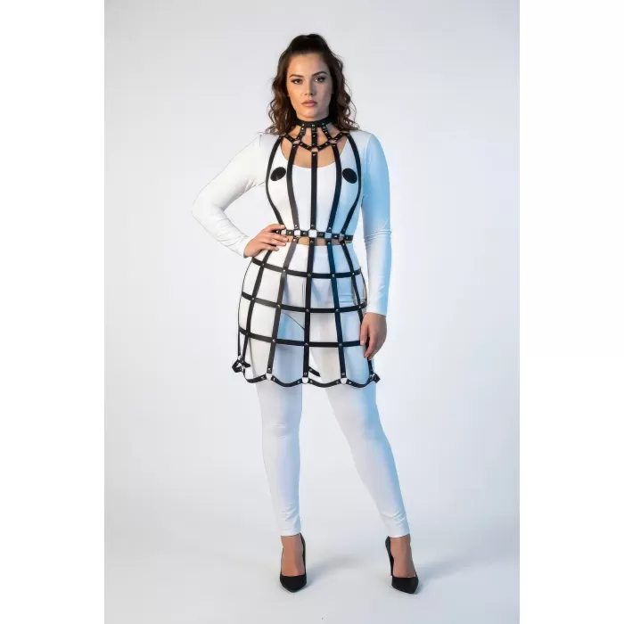 Büyük Beden Siyah Deri Kafes Tasarımlı Zımba Detaylı Etek Harness - APFT1243