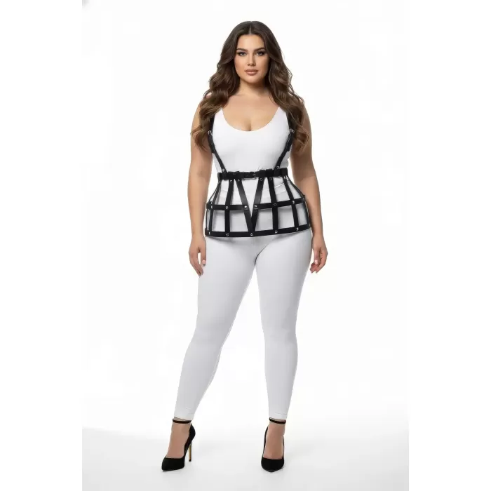 Büyük Beden Siyah Deri Etek Kafes Detaylı Harness Aksesuarı - APFT1252