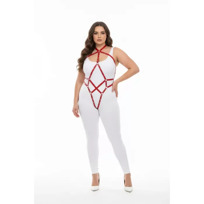 Büyük Beden Kırmızı Kadın Tam Vücut Deri Harness Fantazi Giyim - APFT295