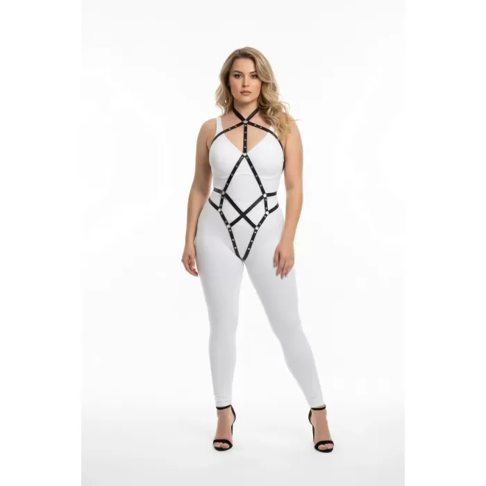 Büyük Beden Siyah Kadın Deri Harness Metal Detaylı Vücut Aksesuarı - APFT295