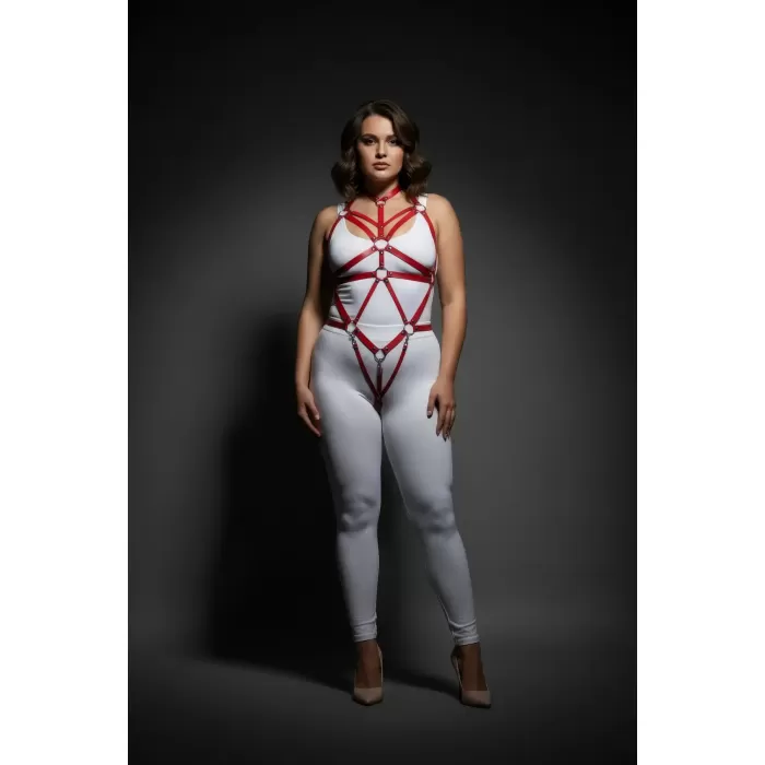 Büyük Beden Kırmızı Kadın Harness Takım Halka Detaylı Deri Fantezi Aksesuar - APFT316