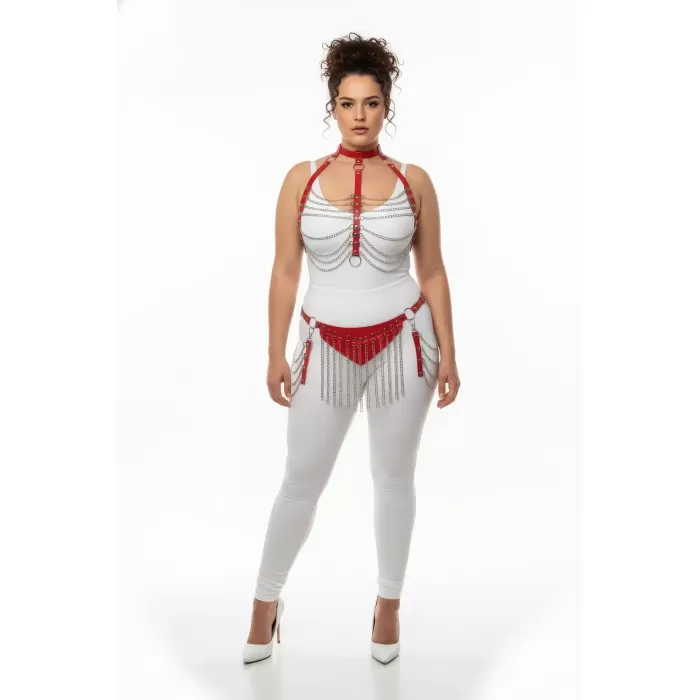 Büyük Beden Kırmızı Kadın Deri Harness Takım Zincir Detaylı Fantezi Aksesuar - APFT328