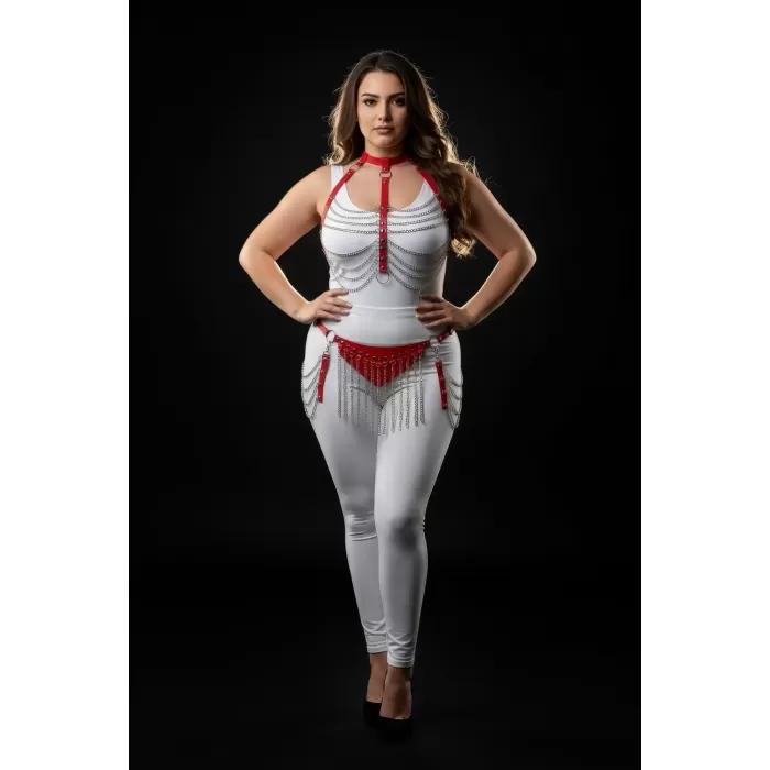 Büyük Beden Kırmızı Kadın Deri Harness Takım Zincir Detaylı Fantezi Aksesuar - APFT328