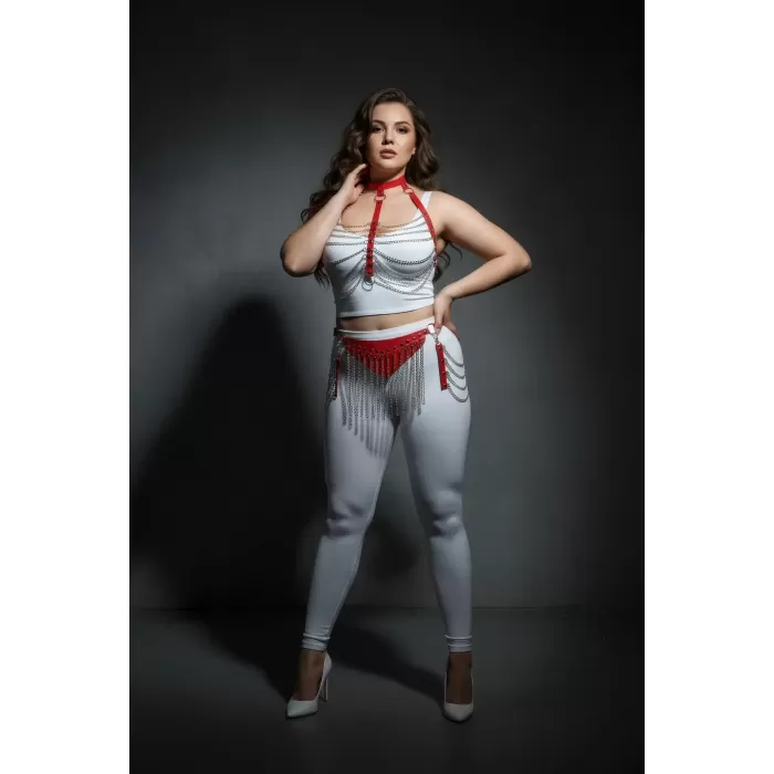 Büyük Beden Kırmızı Kadın Deri Harness Takım Zincir Detaylı Fantezi Aksesuar - APFT328