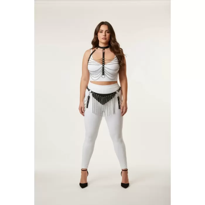 Büyük Beden Siyah Kadın Harness Takım Zincir ve Püskül Detaylı Deri Fantezi Aksesuar - APFT328