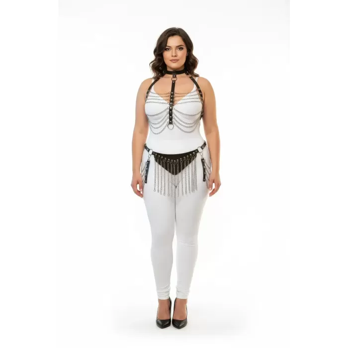 Büyük Beden Siyah Kadın Harness Takım Zincir ve Püskül Detaylı Deri Fantezi Aksesuar - APFT328