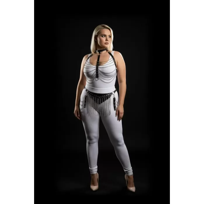 Büyük Beden Siyah Kadın Harness Takım Zincir ve Püskül Detaylı Deri Fantezi Aksesuar - APFT328