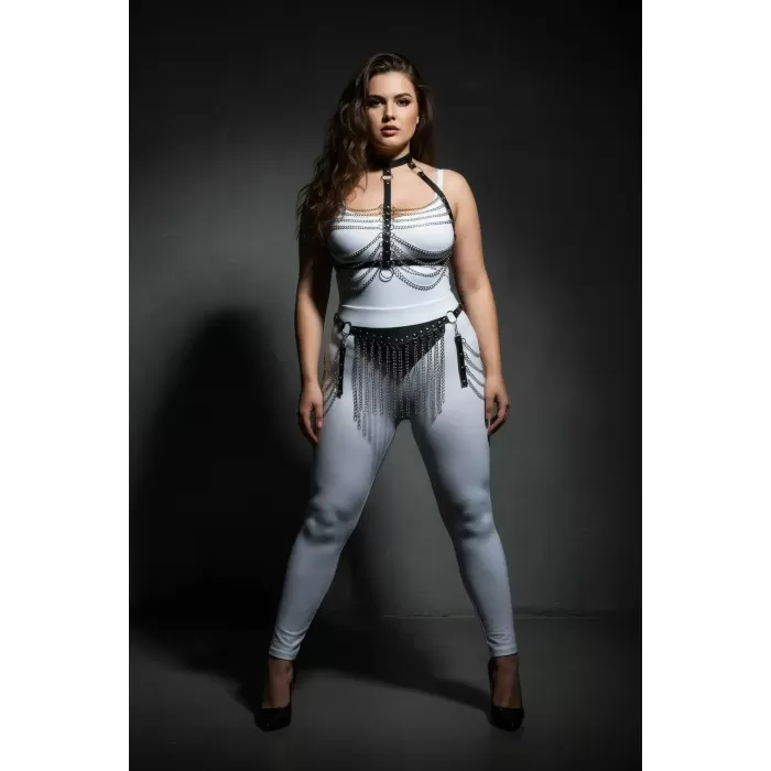 Büyük Beden Siyah Kadın Harness Takım Zincir ve Püskül Detaylı Deri Fantezi Aksesuar - APFT328