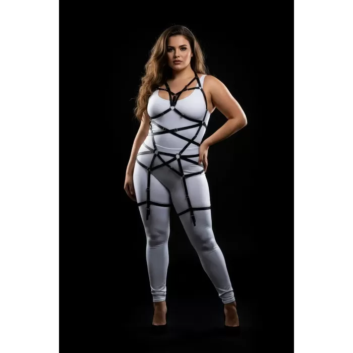 Büyük Beden Siyah Kadın Lastik Harness Takım Halka Detaylı Vücut Aksesuarı - APFT348