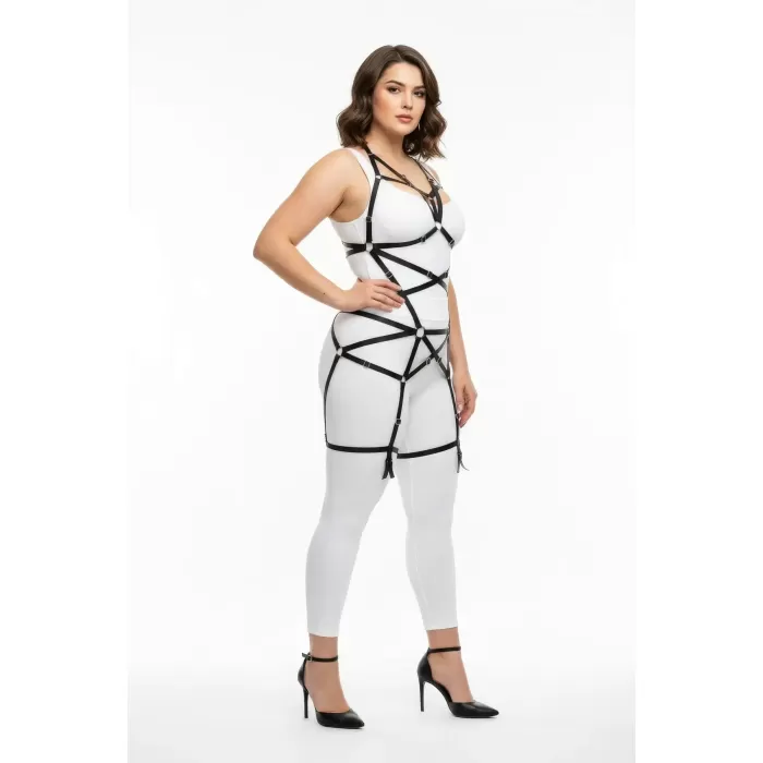 Büyük Beden Siyah Kadın Lastik Harness Takım Halka Detaylı Vücut Aksesuarı - APFT348