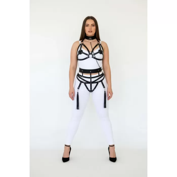 Büyük Beden Siyah Kadın Harness Takım Zincir Detaylı Deri Vücut Aksesuarı - APFT394