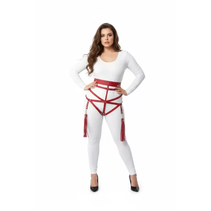 Büyük Beden Kırmızı Kadın Harness Takım Püskül Detaylı Deri Vücut Aksesuarı - APFT397