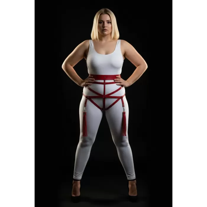 Büyük Beden Kırmızı Kadın Harness Takım Püskül Detaylı Deri Vücut Aksesuarı - APFT397