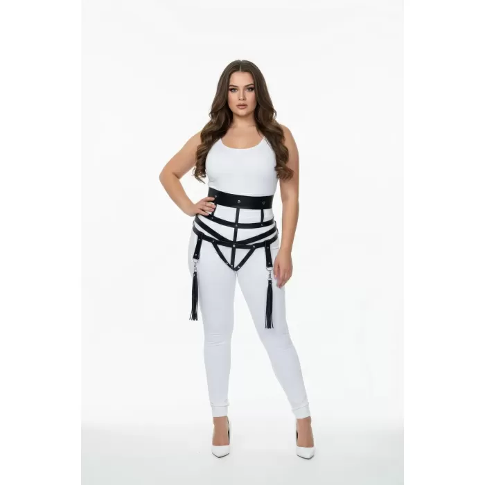 Büyük Beden Siyah Kadın Deri Harness Takım Jartiyerli Püskül Detaylı - APFT397