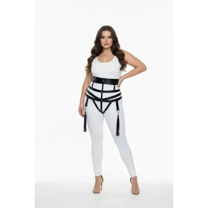 Büyük Beden Siyah Kadın Deri Harness Takım Jartiyerli Püskül Detaylı - APFT397