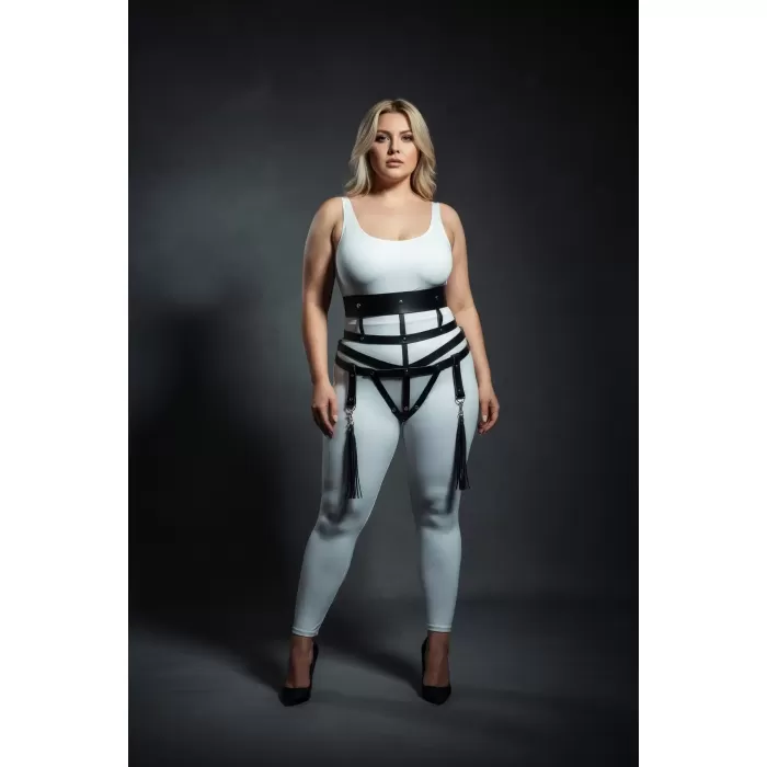 Büyük Beden Siyah Kadın Deri Harness Takım Jartiyerli Püskül Detaylı - APFT397