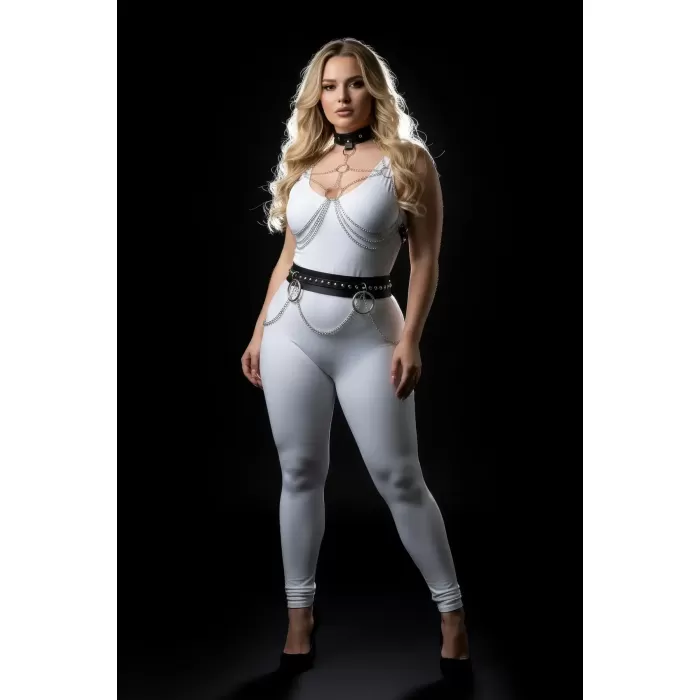 Büyük Beden Siyah Kadın Deri Harness Takım Zincir Detaylı Vücut Aksesuarı - APFT413