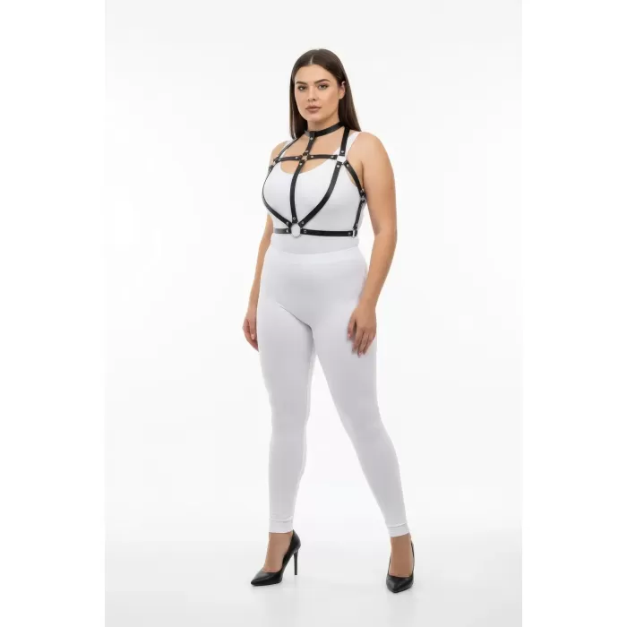 Büyük Beden Siyah Kadın Harness Takım Seksi Deri Halka Detaylı - APFT434