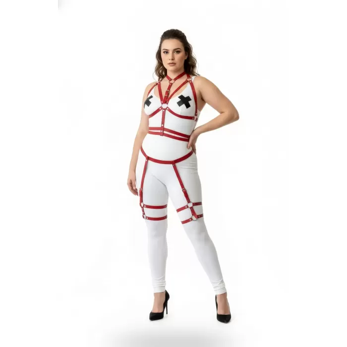 Büyük Beden Kırmızı Kadın Deri Harness Takım Jartiyer Detaylı Vücut Aksesuarı - APFT455