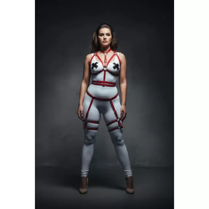 Büyük Beden Kırmızı Kadın Deri Harness Takım Jartiyer Detaylı Vücut Aksesuarı - APFT455