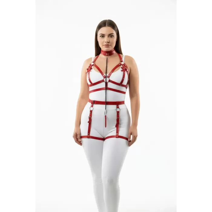 Büyük Beden Kırmızı Kadın Harness Takım Zincir Detaylı Jartiyerli - APFT457