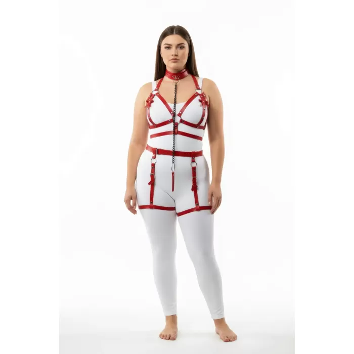 Büyük Beden Kırmızı Kadın Harness Takım Zincir Detaylı Jartiyerli - APFT457