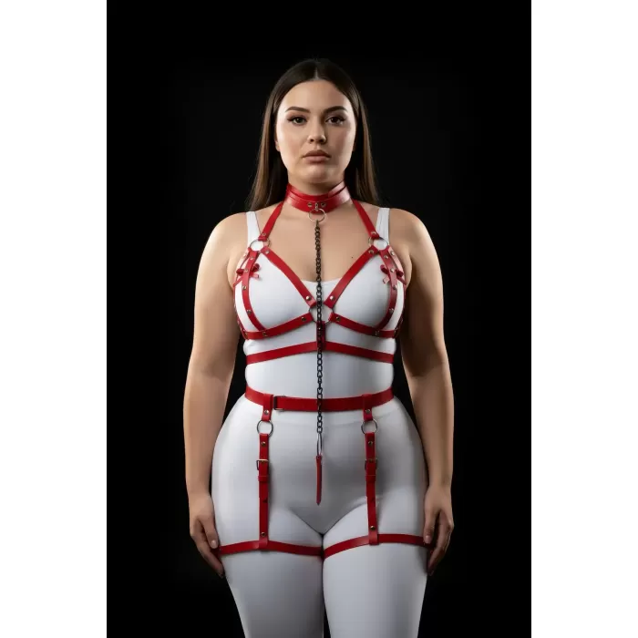 Büyük Beden Kırmızı Kadın Harness Takım Zincir Detaylı Jartiyerli - APFT457