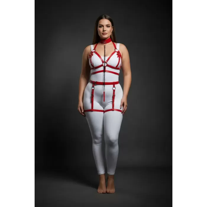 Büyük Beden Kırmızı Kadın Harness Takım Zincir Detaylı Jartiyerli - APFT457