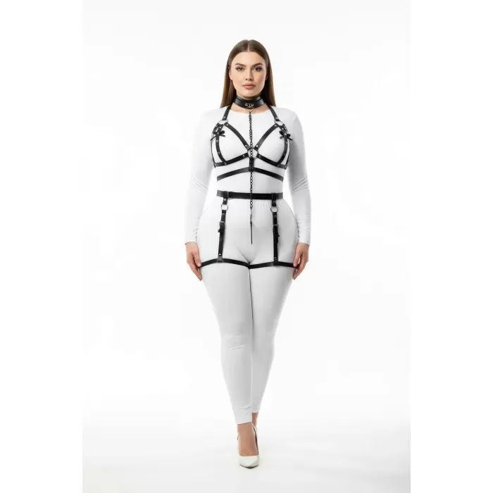 Büyük Beden Siyah Kadın Harness Takım Zincir Detaylı Deri Jartiyer Aksesuar - APFT457