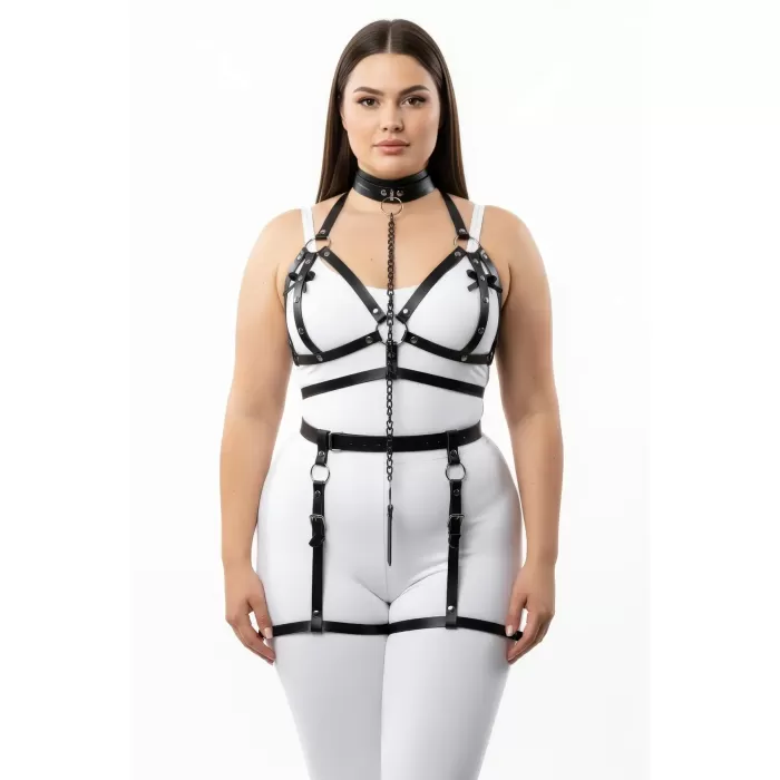 Büyük Beden Siyah Kadın Harness Takım Zincir Detaylı Deri Jartiyer Aksesuar - APFT457