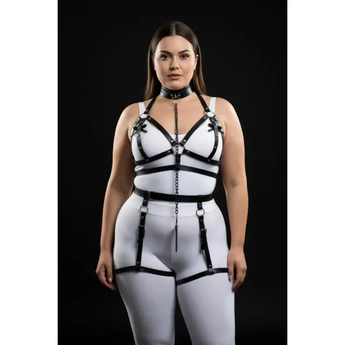 Büyük Beden Siyah Kadın Harness Takım Zincir Detaylı Deri Jartiyer Aksesuar - APFT457