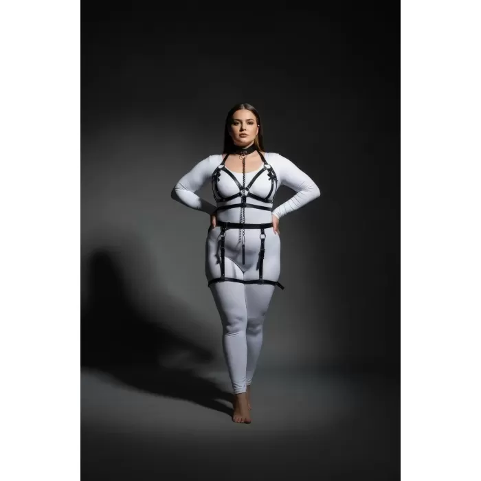 Büyük Beden Siyah Kadın Harness Takım Zincir Detaylı Deri Jartiyer Aksesuar - APFT457
