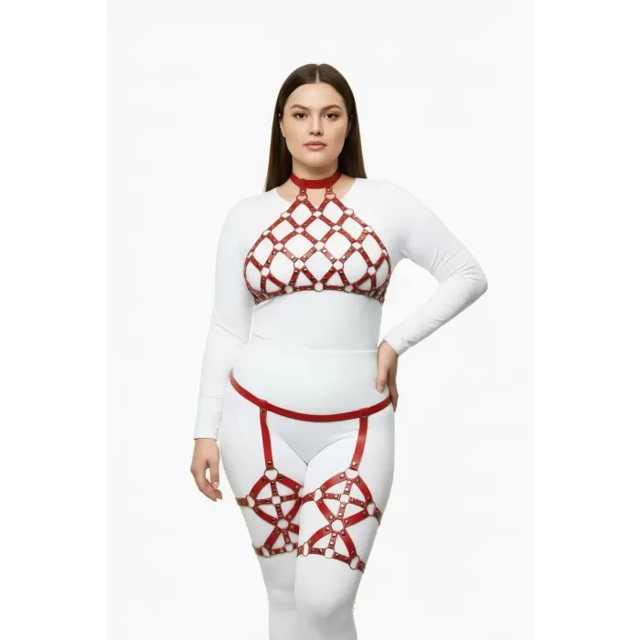 Büyük Beden Kırmızı Kadın Harness Takım Jartiyerli Zımba Detaylı Fantezi - APFT460