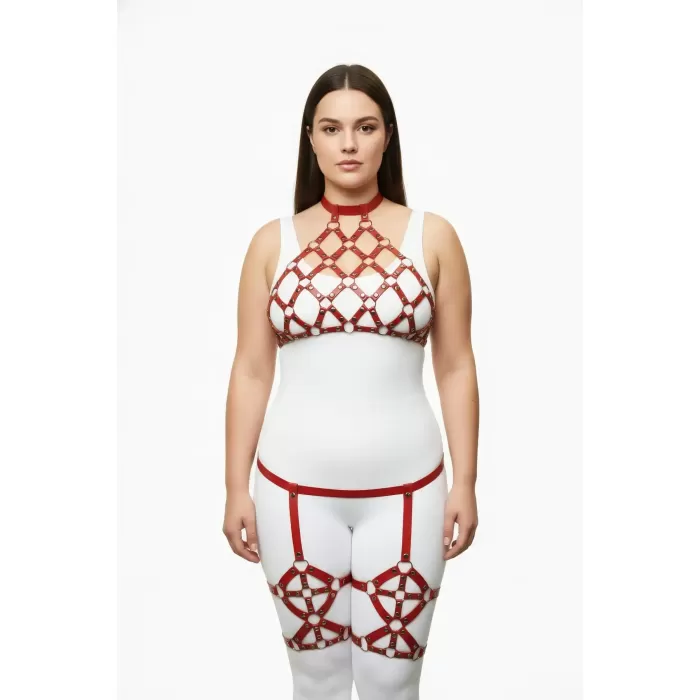 Büyük Beden Kırmızı Kadın Harness Takım Jartiyerli Zımba Detaylı Fantezi - APFT460