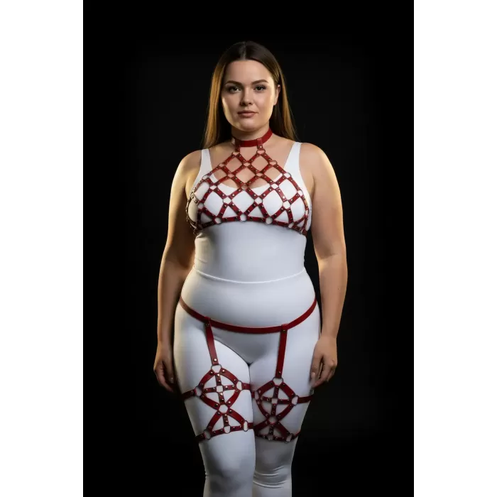 Büyük Beden Kırmızı Kadın Harness Takım Jartiyerli Zımba Detaylı Fantezi - APFT460