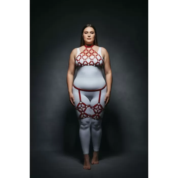 Büyük Beden Kırmızı Kadın Harness Takım Jartiyerli Zımba Detaylı Fantezi - APFT460