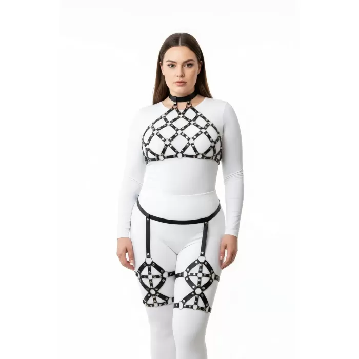 Büyük Beden Siyah Kadın Deri Full Body Harness Takım Halka Detaylı Jartiyerli - APFT460
