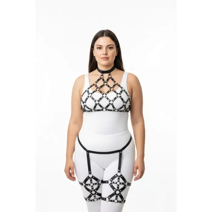 Büyük Beden Siyah Kadın Deri Full Body Harness Takım Halka Detaylı Jartiyerli - APFT460