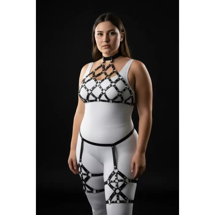 Büyük Beden Siyah Kadın Deri Full Body Harness Takım Halka Detaylı Jartiyerli - APFT460
