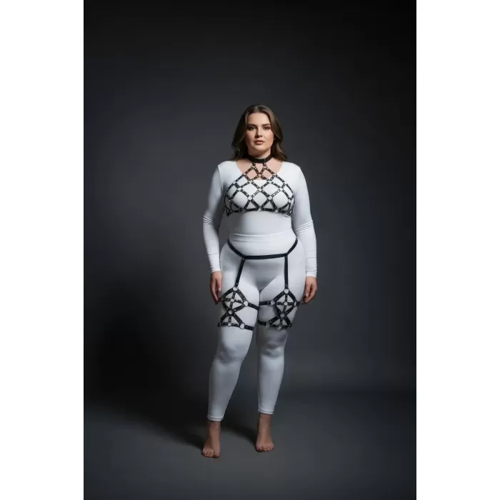 Büyük Beden Siyah Kadın Deri Full Body Harness Takım Halka Detaylı Jartiyerli - APFT460