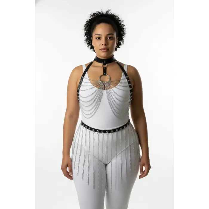 Büyük Beden Siyah Kadın Harness Takım Zincir Detaylı Seksi Deri - APFT462